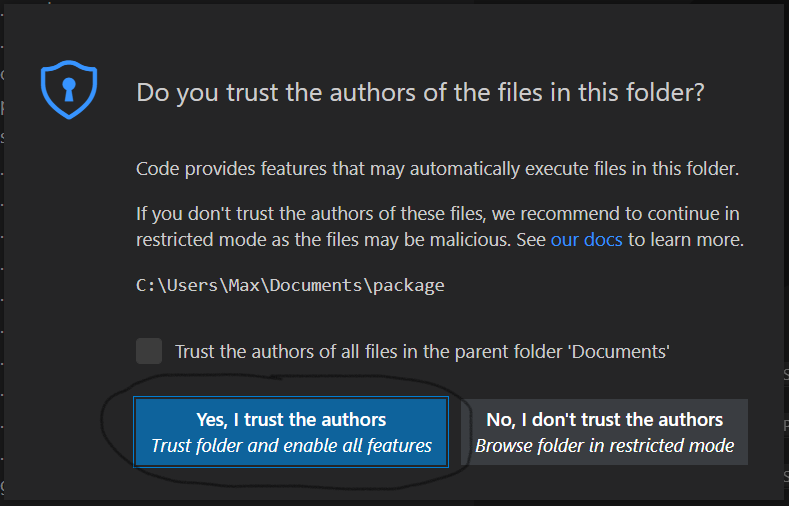 VSCode Prompt trust authors